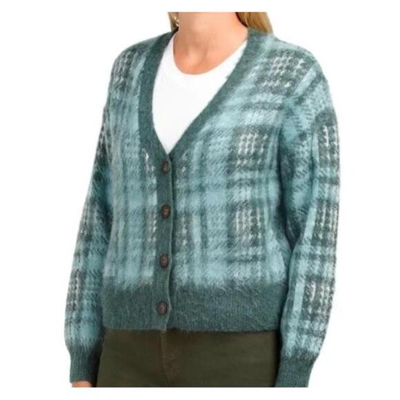 Cupcakes And Cashmere Sweater XS Green‎ Plaid Academia Fuzzy Cardigan - Picture 1 of 10
